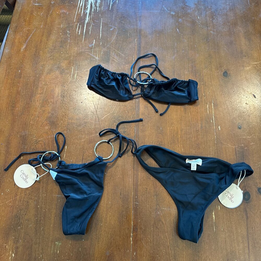 Camila Coelho Black Ring Detail String Bikini Set XS NEW (Extra pair bottoms)